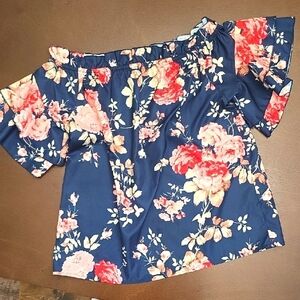 SHEIN Floral Off-Shoulder Top - Navy and Pink Ruffle Sleeves Women's M